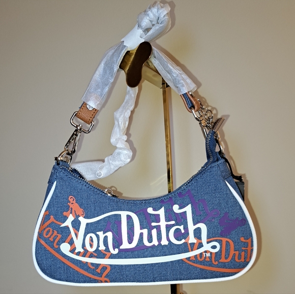 🔥NEW W/Tags Von Dutch Denim/Orange/Purple Logo Shoulder Bag W/ CUTE Mini Wrench - Picture 7 of 10